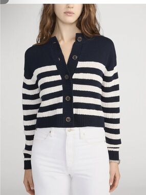 Frame Denim Navy and White Striped Button-Front Cardigan